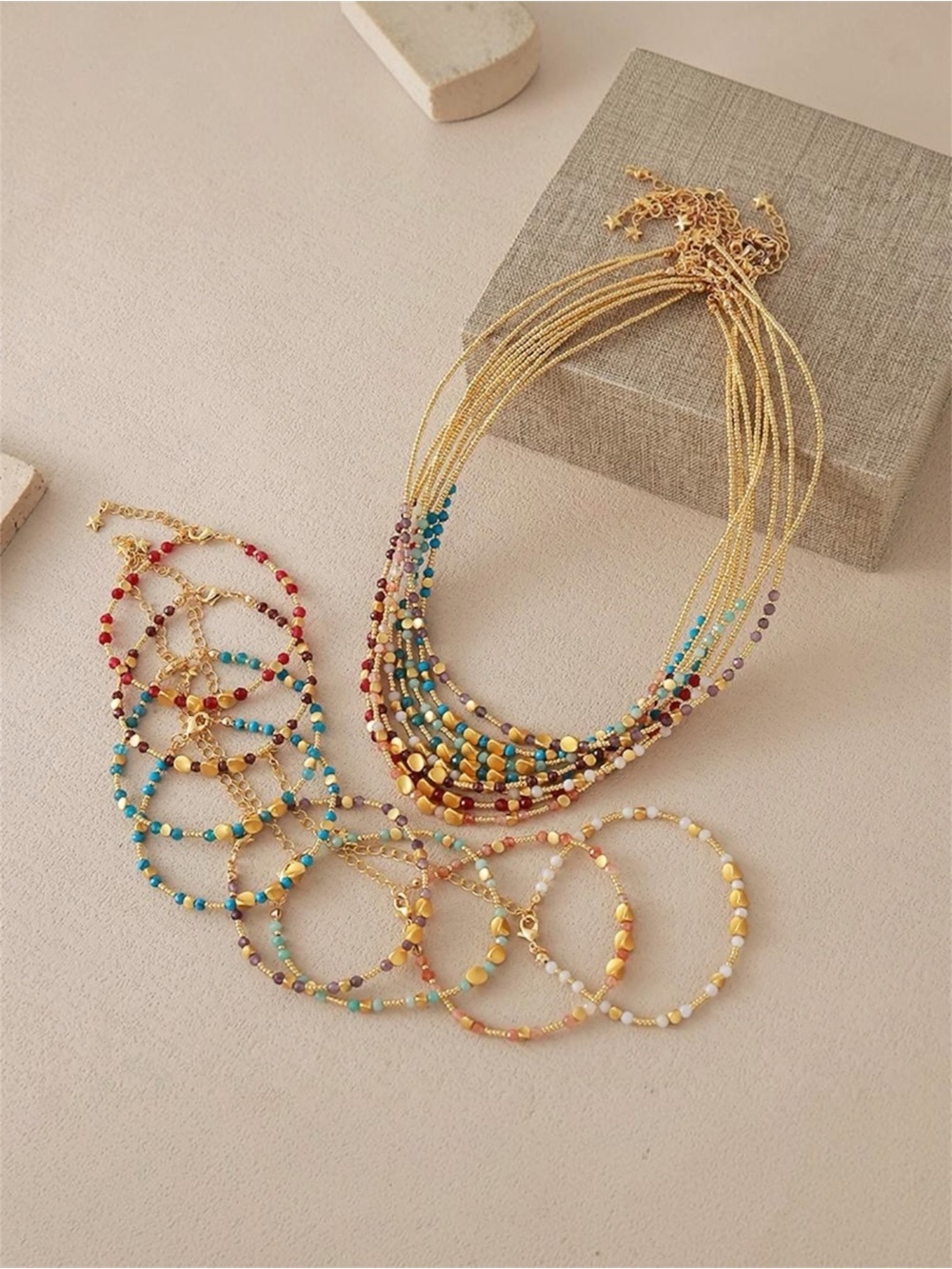 Miyuki Beaded Layered Necklace or Bracelet Gold Plated Brass NWT